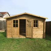 Abri en bois massif 12m² PLUS 28mm traité teinté marron Gardy Shelter Ma boutique